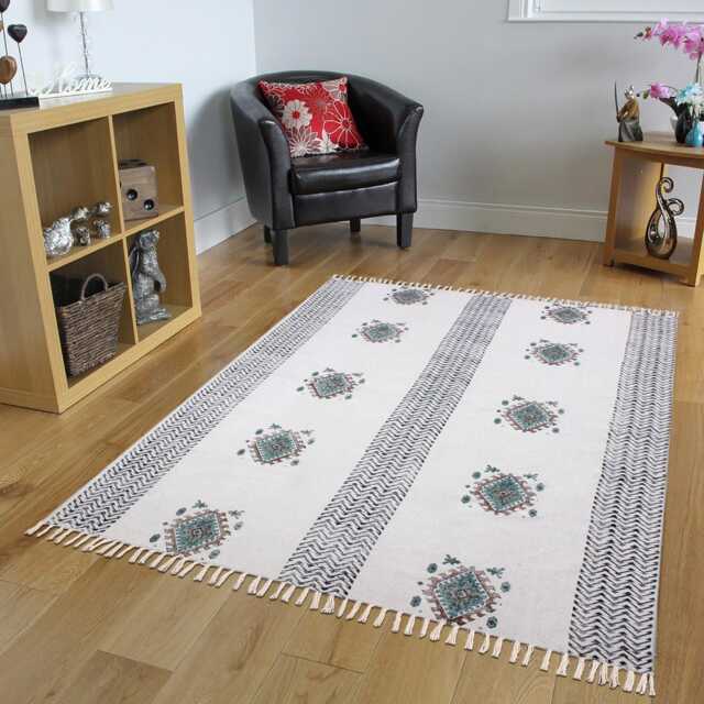 Handmade Cotton Area Rug 4x7 Ft - Block Print Boho Living Room Dhurrie - image 1