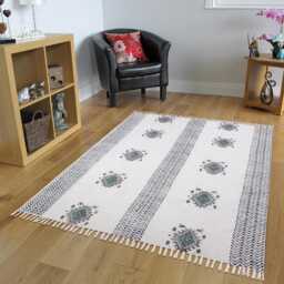 Handmade Cotton Area Rug 4x7 Ft - Block Print Boho Living Room Dhurrie - thumbnail 1