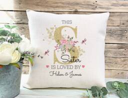 Personalised Sister Linen Cushion Floral Gold Effect Lettering
