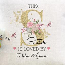 Personalised Sister Linen Cushion Floral Gold Effect Lettering - thumbnail 2