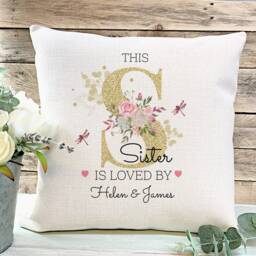 Personalised Sister Linen Cushion Floral Gold Effect Lettering - thumbnail 4