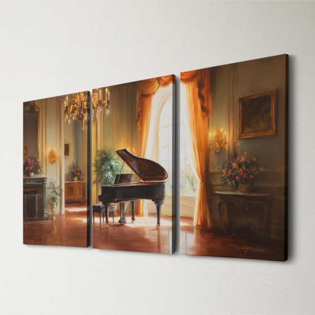 Grand Piano Recital 3 Panel Split Canvas Wall Art Romantic Elegant Candlelit Salon Classical Music Oil Painting Framed Home Decor - image 1