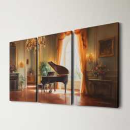 Grand Piano Recital 3 Panel Split Canvas Wall Art Romantic Elegant Candlelit Salon Classical Music Oil Painting Framed Home Decor - thumbnail 1