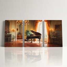 Grand Piano Recital 3 Panel Split Canvas Wall Art Romantic Elegant Candlelit Salon Classical Music Oil Painting Framed Home Decor - thumbnail 3