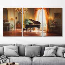 Grand Piano Recital 3 Panel Split Canvas Wall Art Romantic Elegant Candlelit Salon Classical Music Oil Painting Framed Home Decor - thumbnail 2