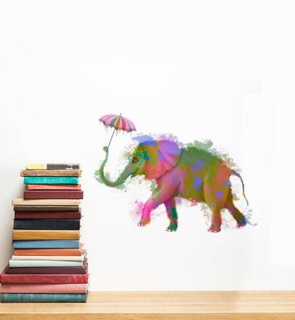 Rainbow Elephant With Umbrella Wall Sticker Decal - Kids Stickers, Animals Childrens Decals, Art, Room