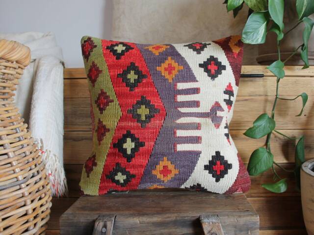 40cm - 16Inch Stunning Kilim Pillow Cover - Antique Slit Weave Nomadic Style Handwoven Rug Cushion - image 1