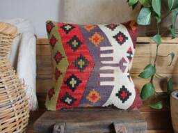 40cm - 16Inch Stunning Kilim Pillow Cover - Antique Slit Weave Nomadic Style Handwoven Rug Cushion - thumbnail 1
