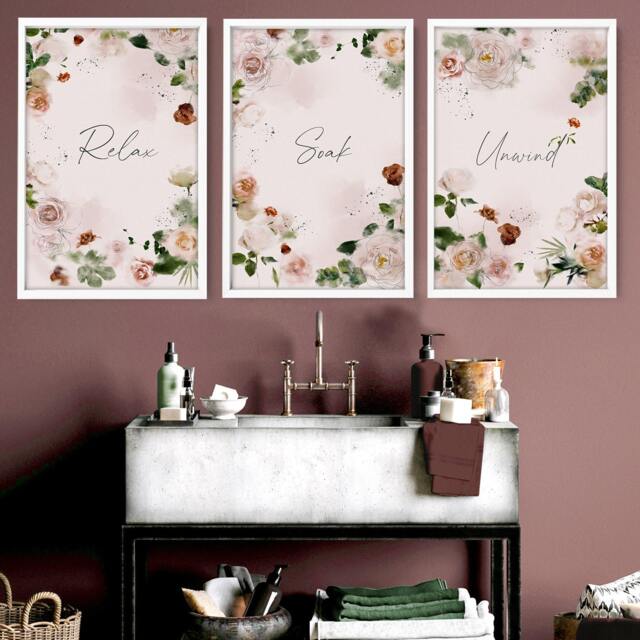Trendy Shabby Chic Framed Set Of 3 Wall Art Prints For A French Country Bathroom Home Decor, Farmhouse Toilet Spa Decor - image 1