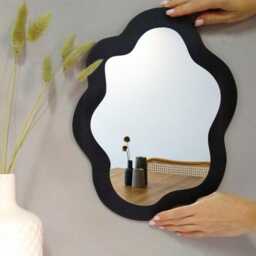 Asymmetrical Mirror Wall Decor Periwinkle, Small Wavy For Wall, Wood Irregular Mirror, Boho Squiggle Oval Funky Cute - thumbnail 4