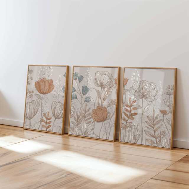 Neutral Botanical Wall Art Set Of 3, Beige & Terracotta Floral Prints, Modern Minimal Line Posters For Living Room Or Bedroom Decor - image 1