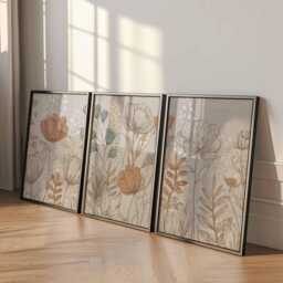 Neutral Botanical Wall Art Set Of 3, Beige & Terracotta Floral Prints, Modern Minimal Line Posters For Living Room Or Bedroom Decor - thumbnail 2