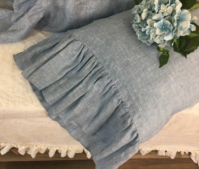 Pair Of Chambray Surf Blue Linen Pillow Cases With Mermaid Long Ruffles, Shams, Shabby Chic - image 1