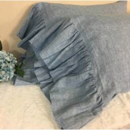 Pair Of Chambray Surf Blue Linen Pillow Cases With Mermaid Long Ruffles, Shams, Shabby Chic - thumbnail 2