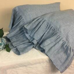 Pair Of Chambray Surf Blue Linen Pillow Cases With Mermaid Long Ruffles, Shams, Shabby Chic - thumbnail 3