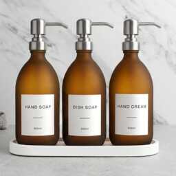 White Tray & Frosted Amber Dispenser Set - Labelled Refillable Bottle With Gold Pump & Label - For Shampoo, Hand Soap, Cream, Body Wash - thumbnail 3