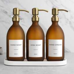 White Tray & Frosted Amber Dispenser Set - Labelled Refillable Bottle With Gold Pump & Label - For Shampoo, Hand Soap, Cream, Body Wash - thumbnail 1