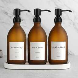 White Tray & Frosted Amber Dispenser Set - Labelled Refillable Bottle With Gold Pump & Label - For Shampoo, Hand Soap, Cream, Body Wash - thumbnail 2