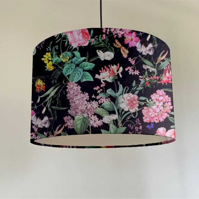 Butterfly Floral Velvet Circular Drum Lampshade/Ceiling Shade, in Black, With A White Lining - image 1