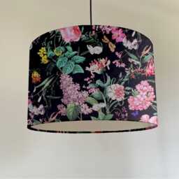 Butterfly Floral Velvet Circular Drum Lampshade/Ceiling Shade, in Black, With A White Lining