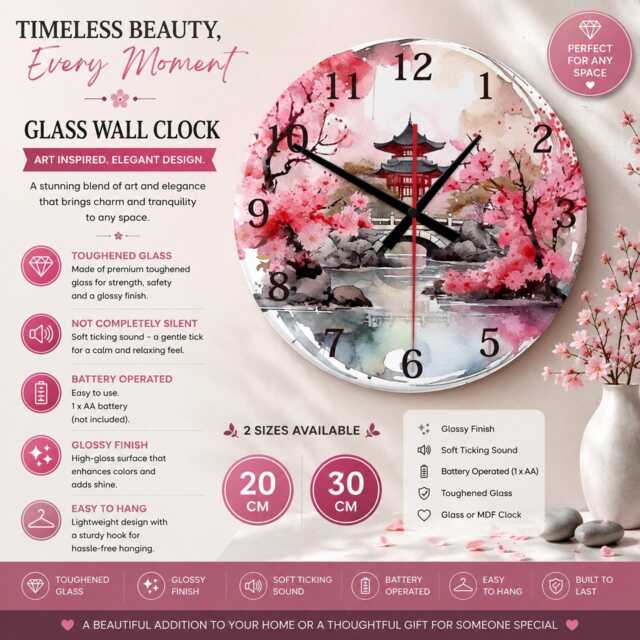 Sakura Pagoda Wall Clock - Silent 20/30cm Glass Or Mdf Japanese Art - image 1