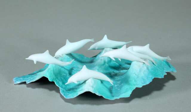 Dolphin School Sculpture, Blue Ocean Pellucida 7 in Long - image 1