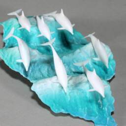 Dolphin School Sculpture, Blue Ocean Pellucida 7 in Long - thumbnail 2