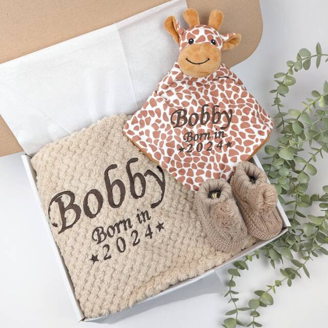 Embroidered Giraffe Comforter Blanket Gift Set - Baby Shower Booties Newborn Girl Boy - image 1