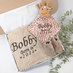 Embroidered Giraffe Comforter Blanket Gift Set - Baby Shower Booties Newborn Girl Boy