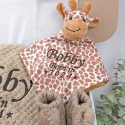Embroidered Giraffe Comforter Blanket Gift Set - Baby Shower Booties Newborn Girl Boy - thumbnail 2