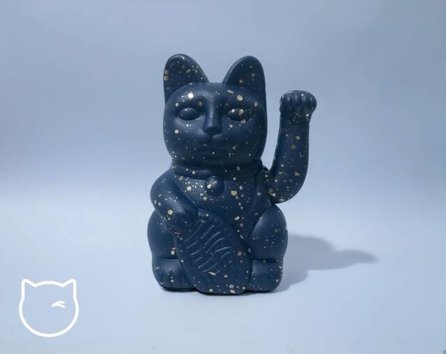 Midnight Blue/Gold Speckle Lucky Cat Hand Painted Maneki Neko - 7 Inch - image 1