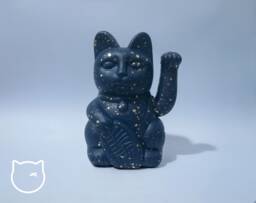 Midnight Blue/Gold Speckle Lucky Cat Hand Painted Maneki Neko - 7 Inch