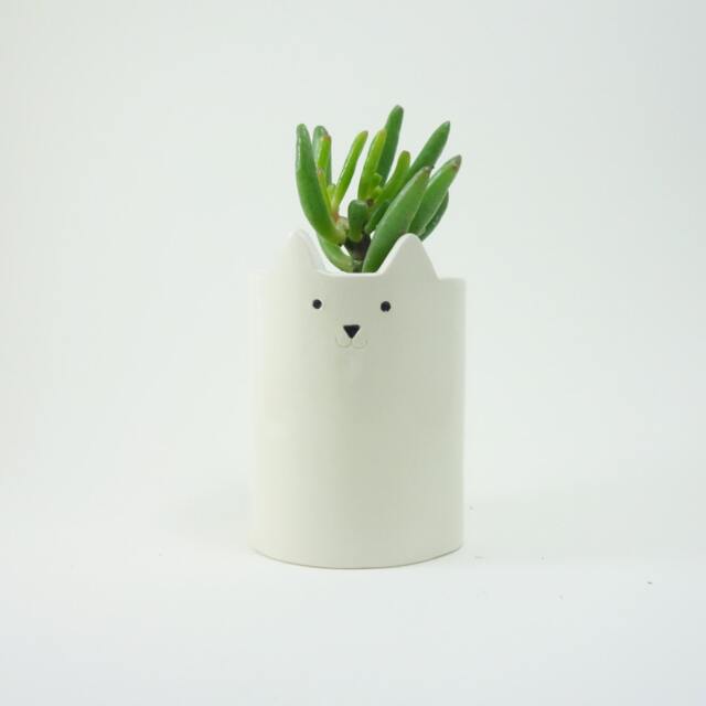Cat Plant Pot, Ceramic White Cat, Pen Holder Or Animal Planter - image 1