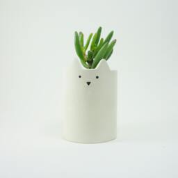 Cat Plant Pot, Ceramic White Cat, Pen Holder Or Animal Planter - thumbnail 1