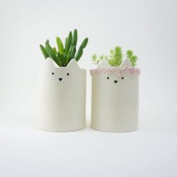 Cat Plant Pot, Ceramic White Cat, Pen Holder Or Animal Planter - thumbnail 4