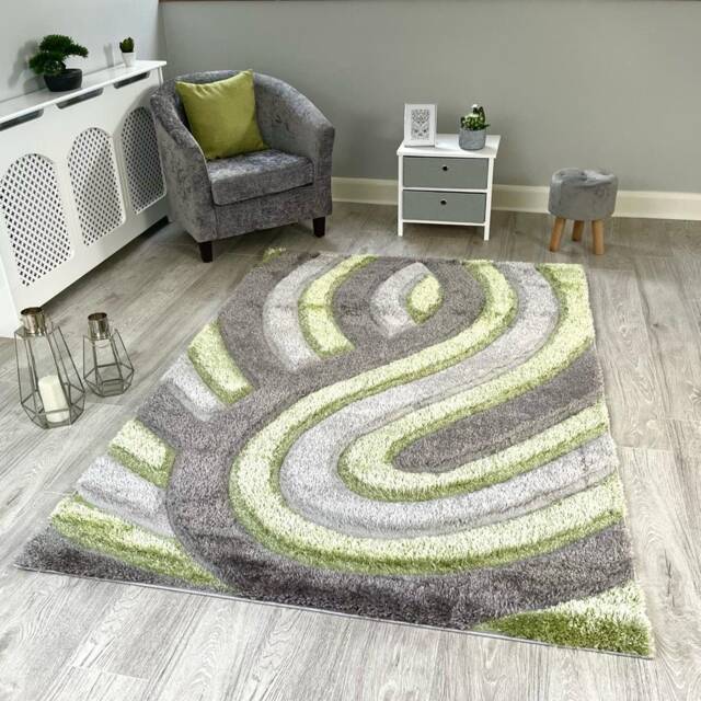 New Silky Soft Green, Grey, Silver, Tufted Swirl 3D Design Rug - image 1