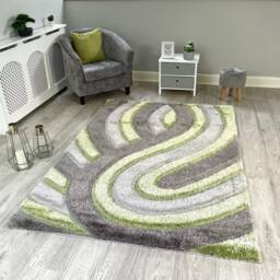 New Silky Soft Green, Grey, Silver, Tufted Swirl 3D Design Rug