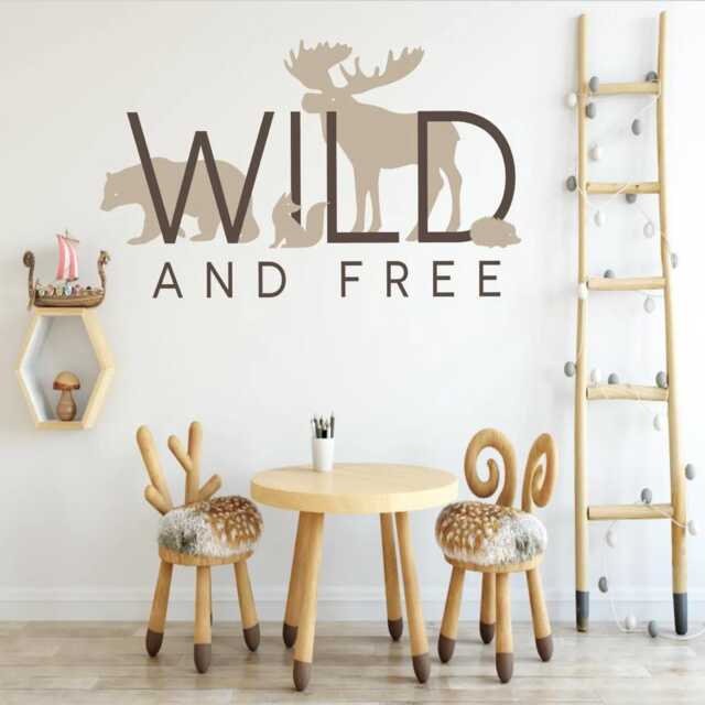 Wild & Free Wall Art, Woodland Animals Nursery Decor, Forest Vinyl Decals, Creatures Moose Fox Bear Hedgehog Sticker, Outdoor Nature Quote - image 1