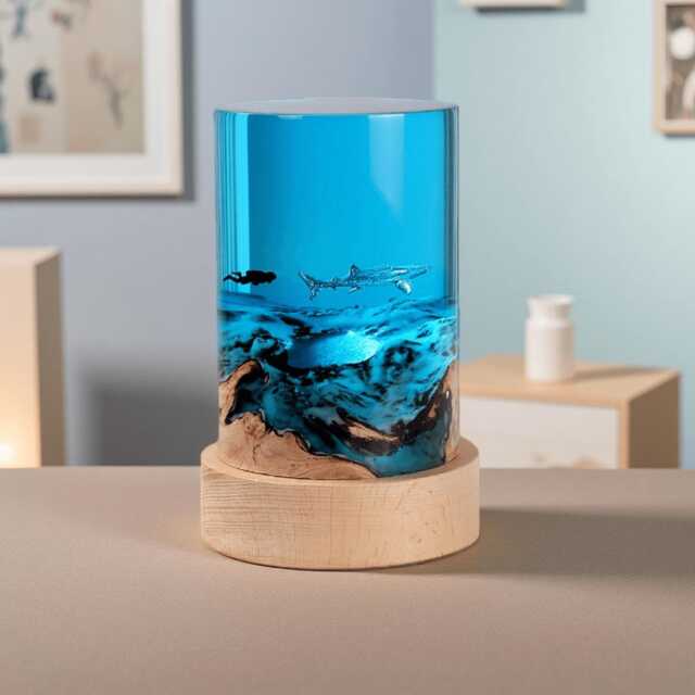Ocean Resin Night Light Cylinder Wood Art Decor Dimmable Bedside Lamp - image 1