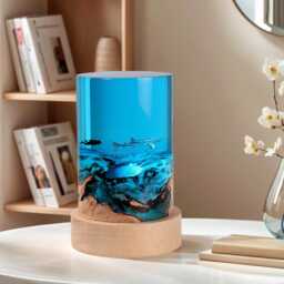 Ocean Resin Night Light Cylinder Wood Art Decor Dimmable Bedside Lamp - thumbnail 2