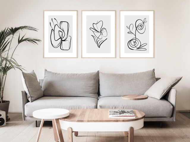 Minimalist Flower Prints, Set Of 3 Prints, Plant Wall Art, Flower, Botanical Line Art, Home Decor, Botanical Art, Grey, Hand Drawn Plant - image 1