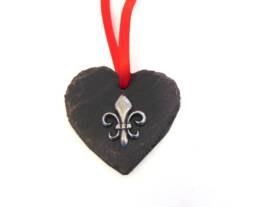Fleur De Lis Slate Heart Ornament With Pewter Motif, Handmade Christmas Decoration - thumbnail 1