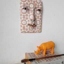 Terracotta Ceramic Wall Sculpture, Handmade Boho Style Mask - thumbnail 2