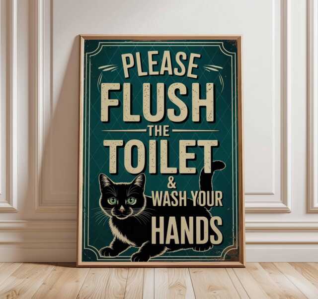 Please Flush Toilet Wash Hands Black Cat Art Poster, Quirky Retro Graphic Art, Funny Bathroom Wall Decor Unique Gift - image 1