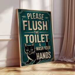 Please Flush Toilet Wash Hands Black Cat Art Poster, Quirky Retro Graphic Art, Funny Bathroom Wall Decor Unique Gift - thumbnail 2