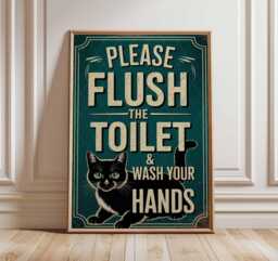 Please Flush Toilet Wash Hands Black Cat Art Poster, Quirky Retro Graphic Art, Funny Bathroom Wall Decor Unique Gift - thumbnail 1