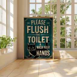 Please Flush Toilet Wash Hands Black Cat Art Poster, Quirky Retro Graphic Art, Funny Bathroom Wall Decor Unique Gift - thumbnail 3