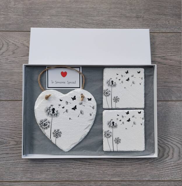 Decoupaged Slate Heart Wall Hanging Dandelion & Butterflies Coaster Set - image 1