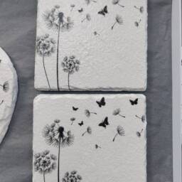 Decoupaged Slate Heart Wall Hanging Dandelion & Butterflies Coaster Set - thumbnail 2