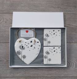 Decoupaged Slate Heart Wall Hanging Dandelion & Butterflies Coaster Set - thumbnail 1
